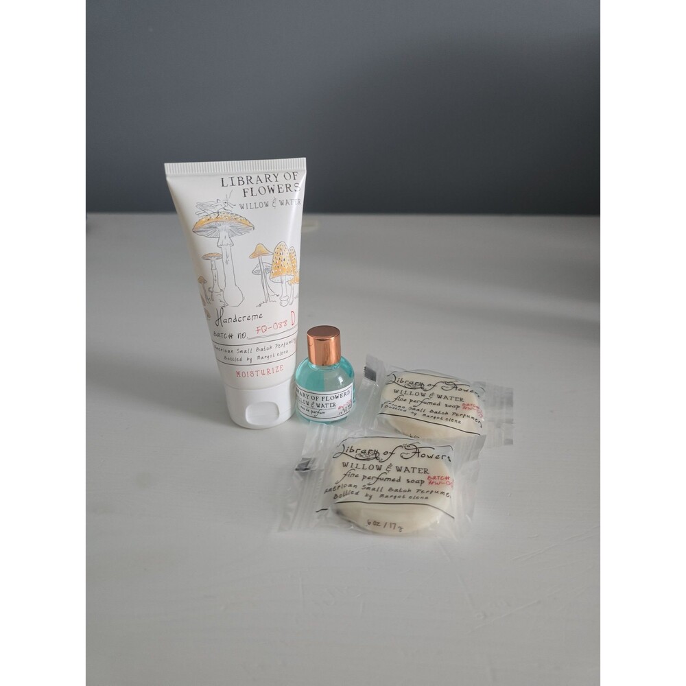 Margot Elena Library of Flowers Willow & Water Hand Creme, Little Luxe EDP, Soap